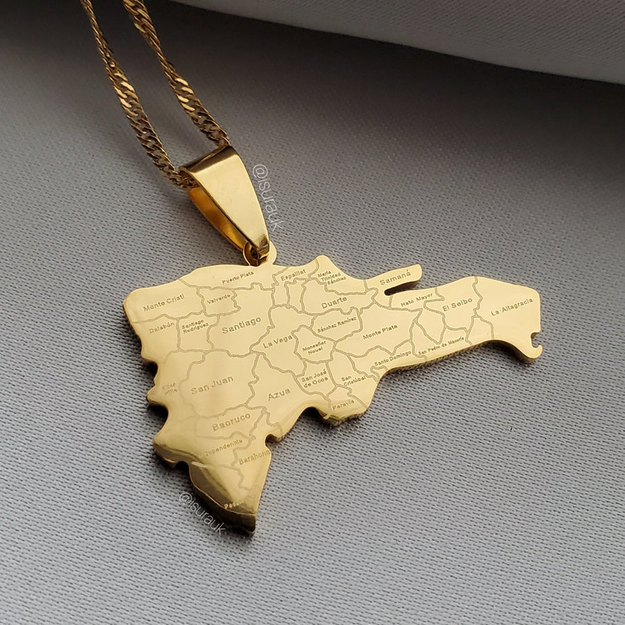 Dominican Republic Map Pendant Stainless Steel Gold Plated Non Tarnish Necklace 