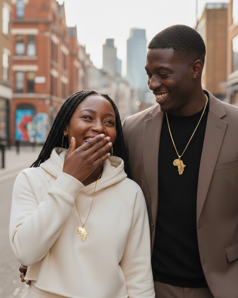 Two people standing together on a city street, smiling and laughing.