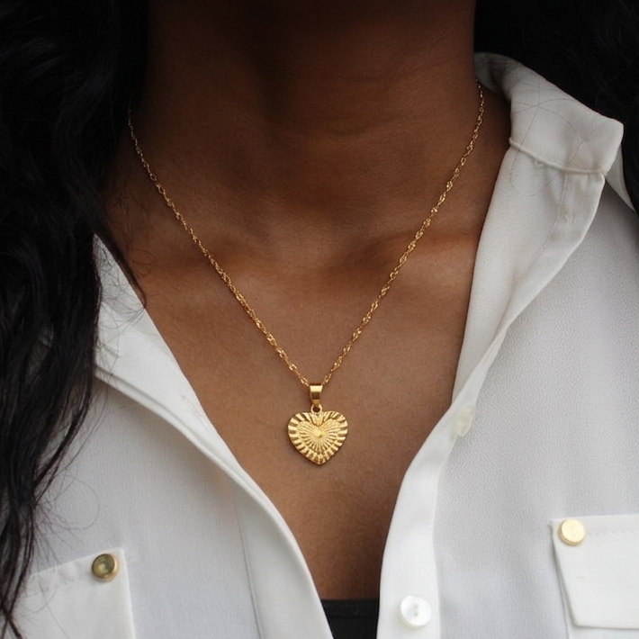 Person wearing a gold heart-shaped necklace with a white shirt.