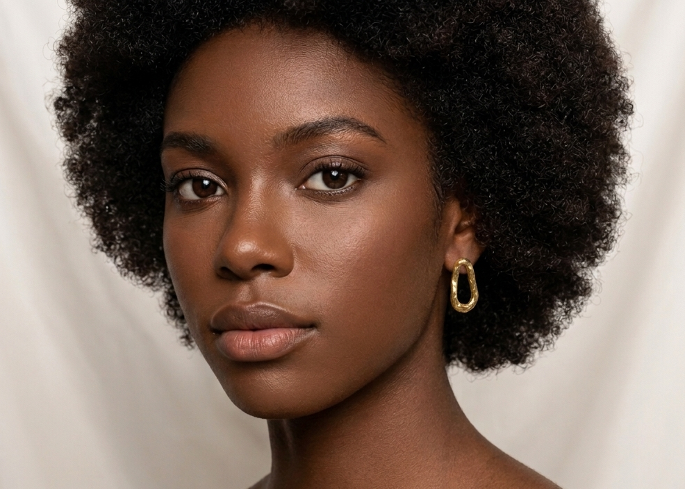 Woman with an afro hairstyle wearing gold earrings against a plain background