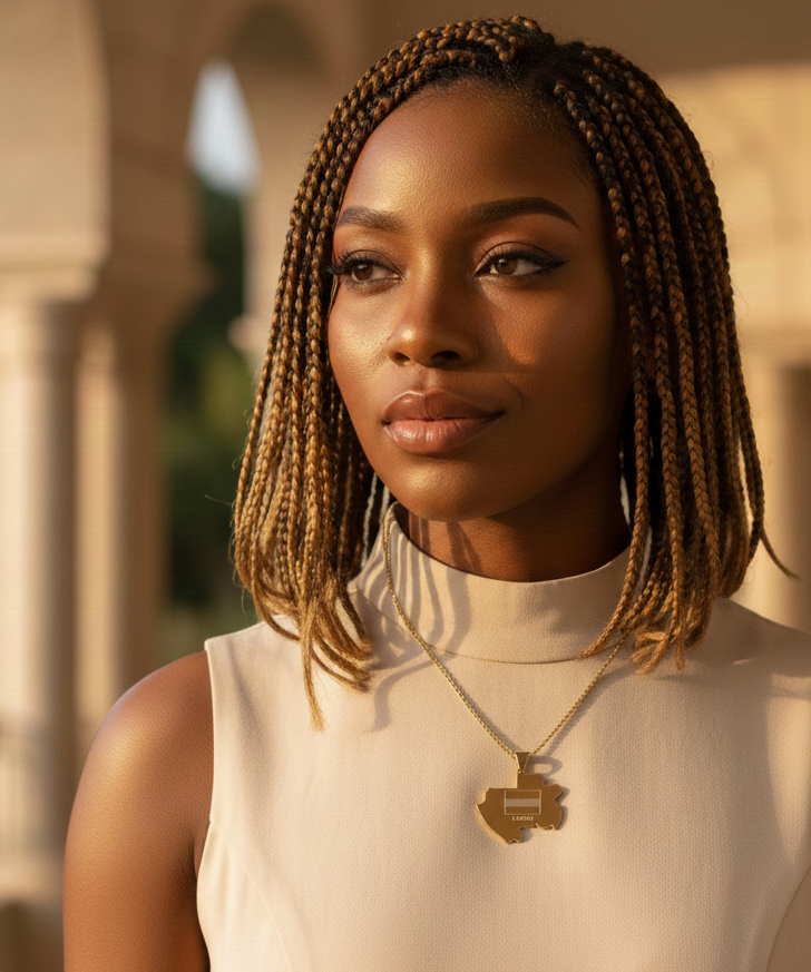 Woman wearing a white sleeveless top and gold necklace with a Gabon Map pendant, standing in front of architectural columns.
