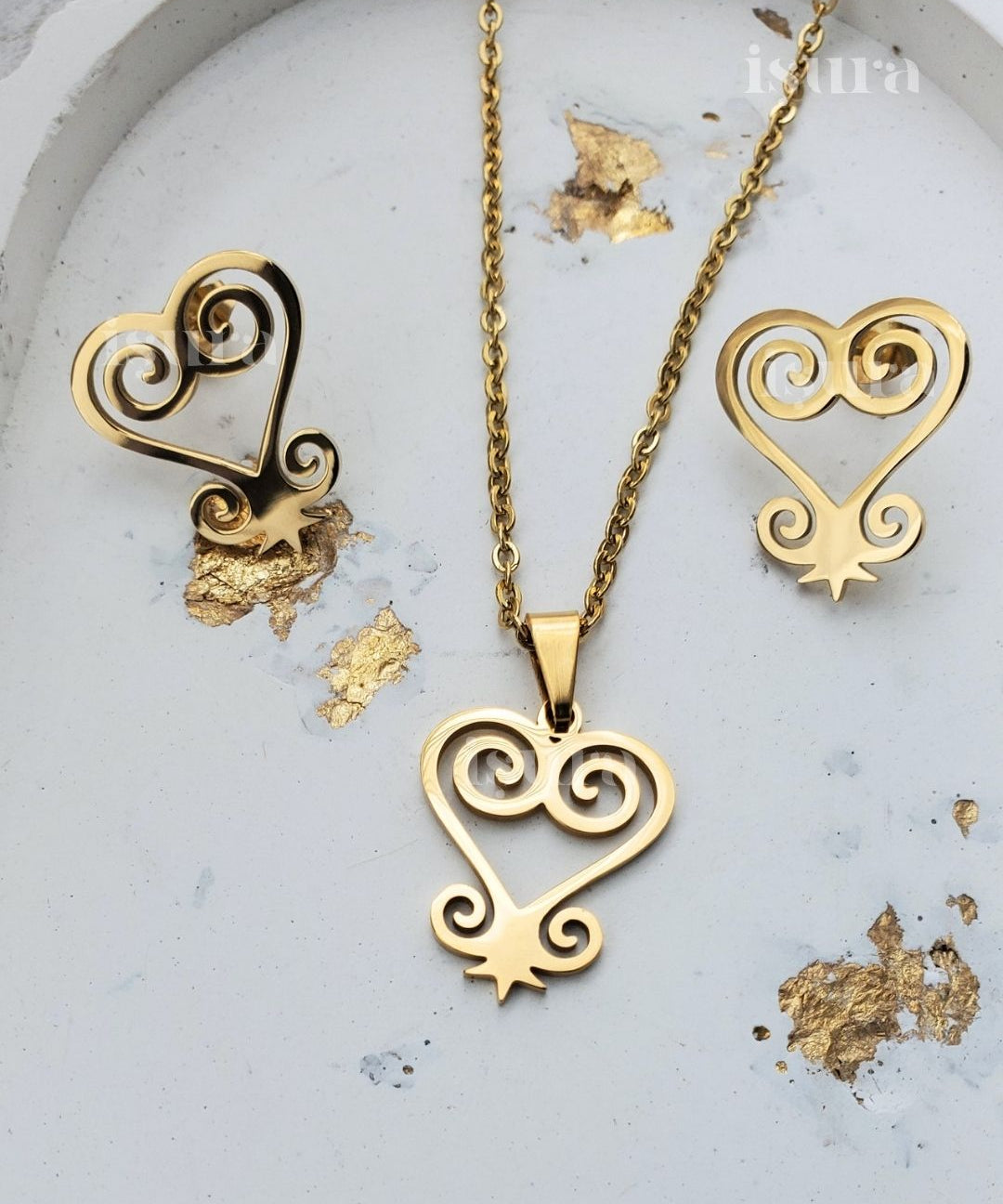 Gold heart-shaped necklace and earrings on a light gray background