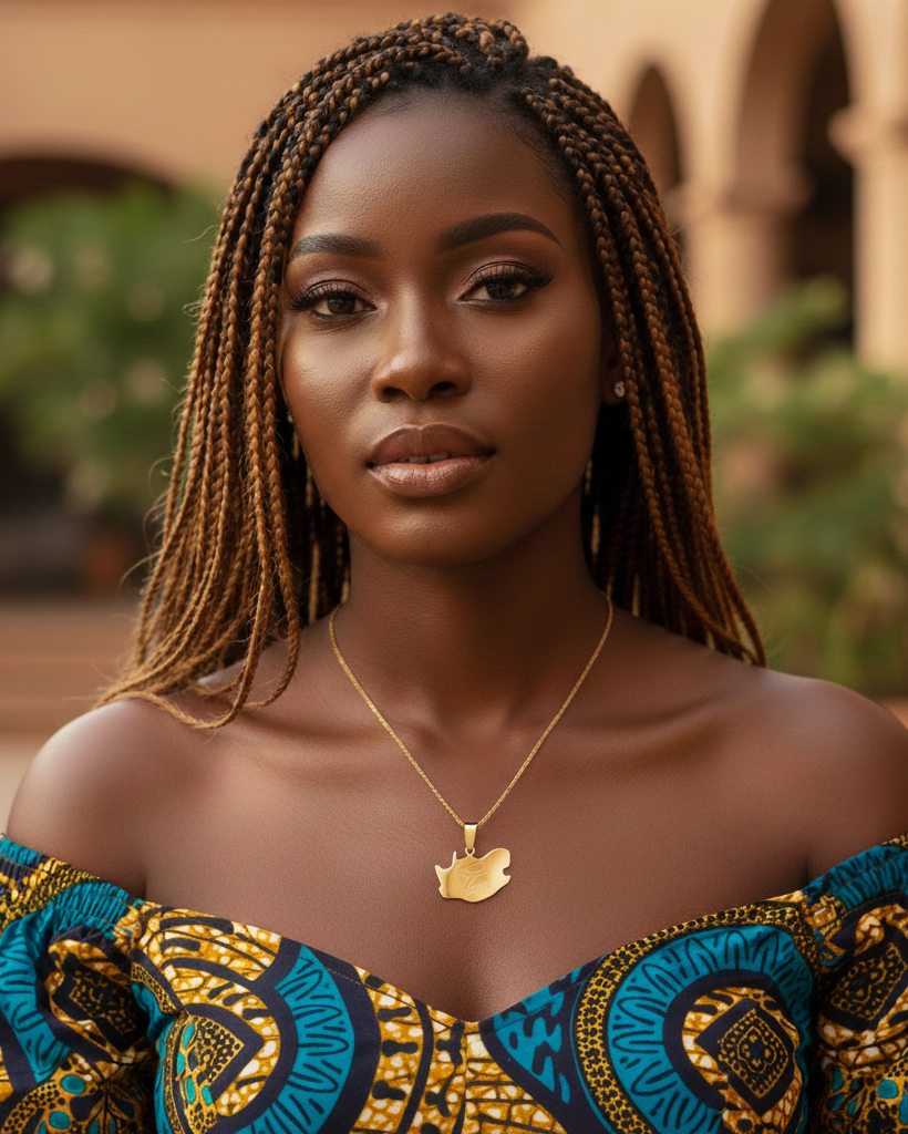 Woman wearing a patterned top with South Africa map necklace - a blurred background