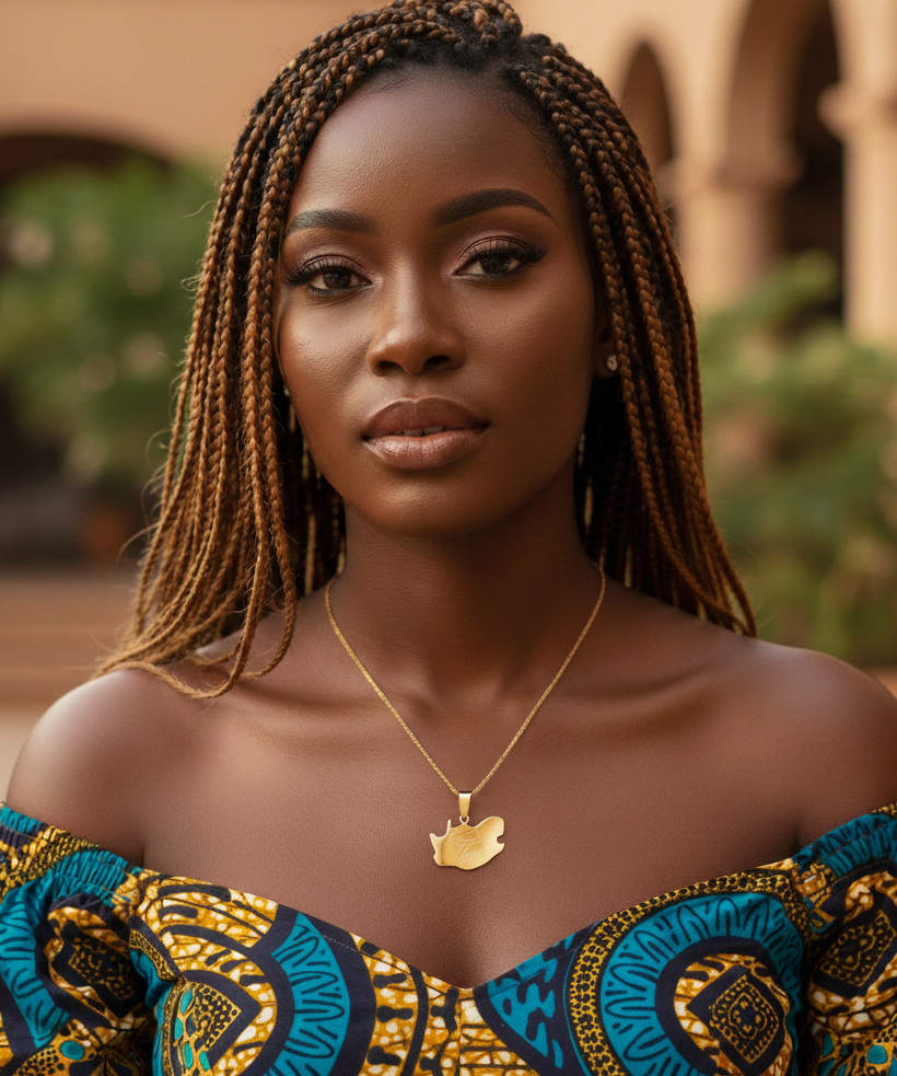 Woman wearing a patterned top with South Africa map necklace - a blurred background