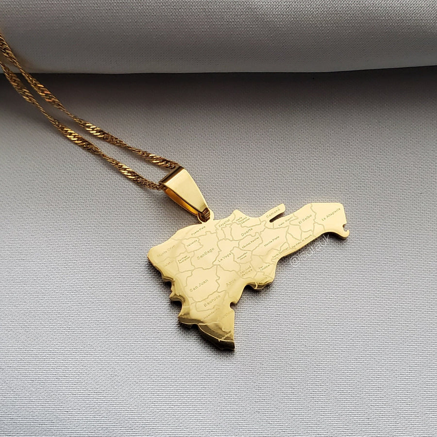 Dominican Republic Map Pendant Stainless Steel Gold Plated Non Tarnish Necklace