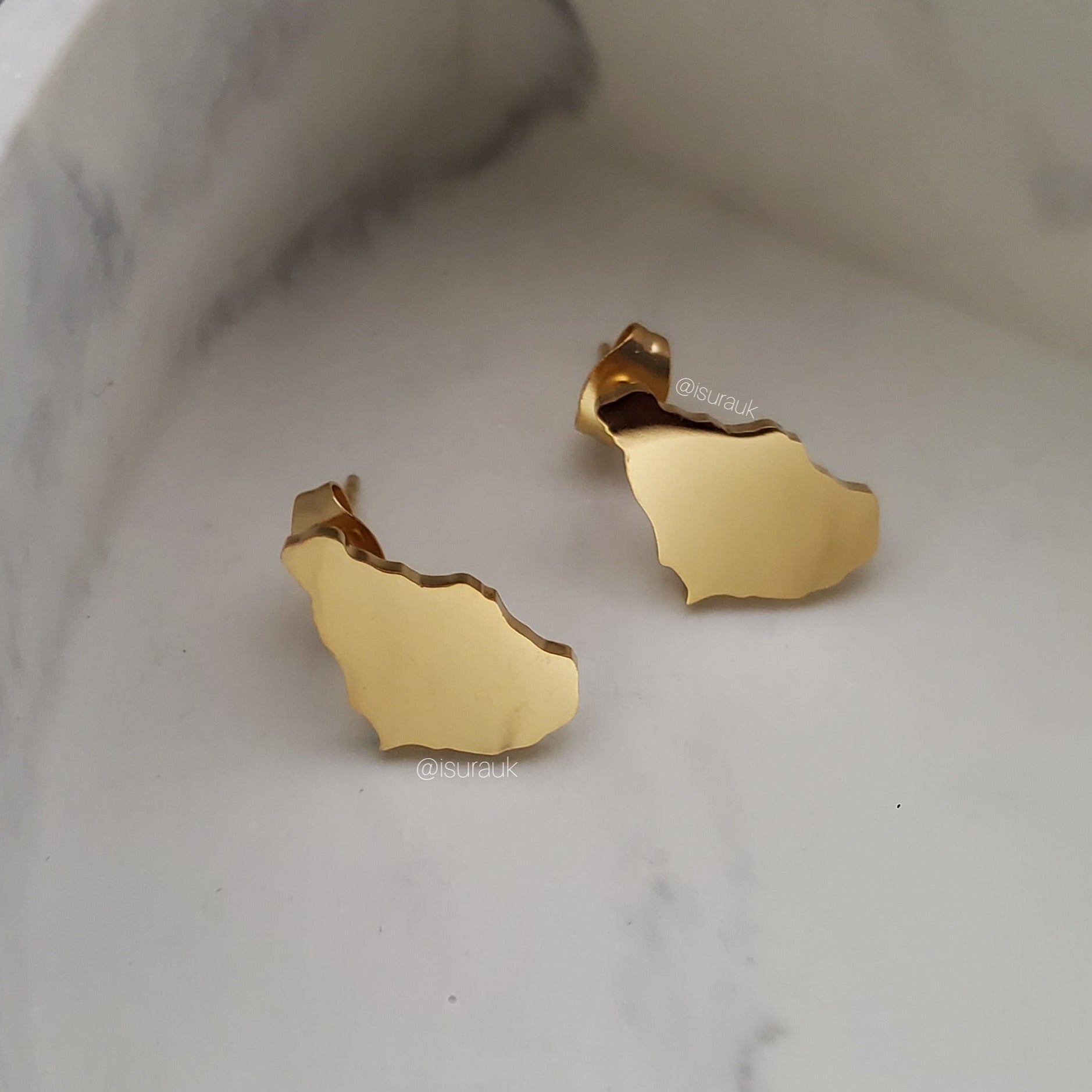 Iṣura Montserrat Map Stud Earrings Stainless Steel Gold Plated Non Tarnish Earrings Isura Jewellery